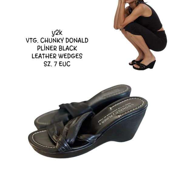 Y2K VTG. BLACK CHUNKY LEATHER DONALD PLINER WEDGES SZ. 7 EUC - Picture 1 of 8